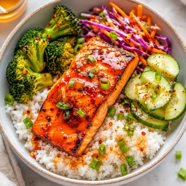 Hot Honey Salmon Rice Bowls Recipe served over fluffy white rice with roasted broccoli, fresh cucumber salad, crunchy cabbage slaw, and a sweet spicy hot honey glaze.