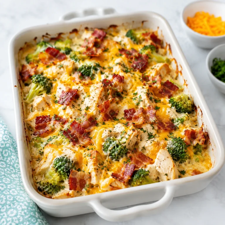 Keto Chicken Bacon Ranch Bake in a white casserole dish with tender chicken, crispy bacon, melted cheddar cheese, broccoli, and creamy ranch sauce.