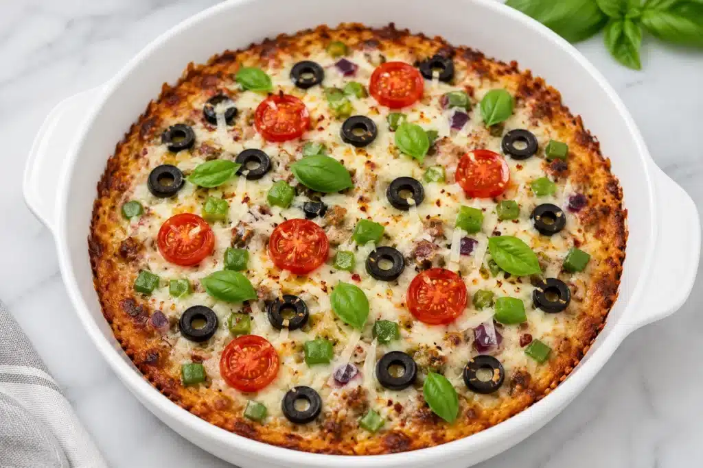 Keto Supreme Pizza Recipe baked in a white casserole dish with melted mozzarella, cherry tomatoes, black olives, green peppers, basil, and a golden low-carb crust.