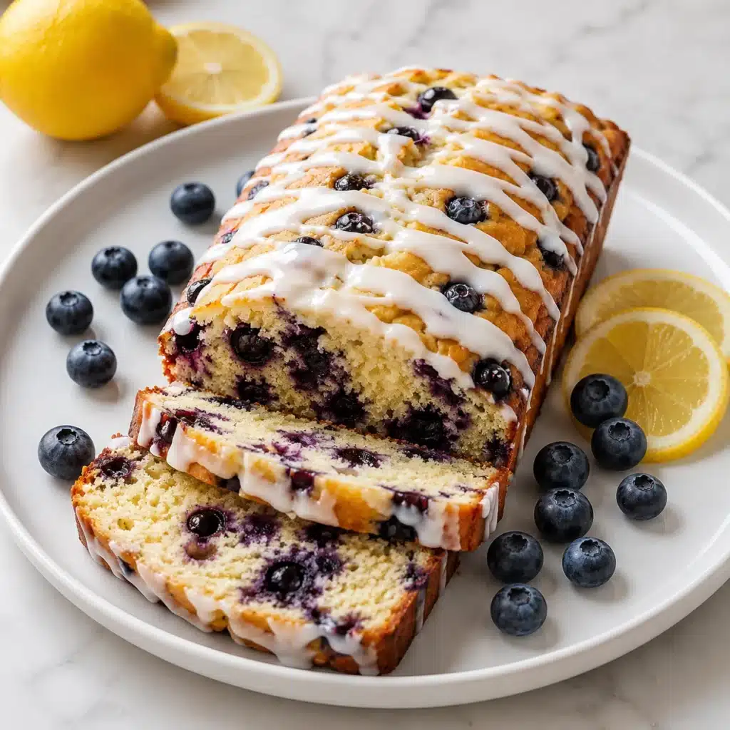 Lemon Blueberry Protein Loaf topped with a sweet lemon glaze, bursting with juicy blueberries and served on a white round plate with fresh lemons and blueberries.