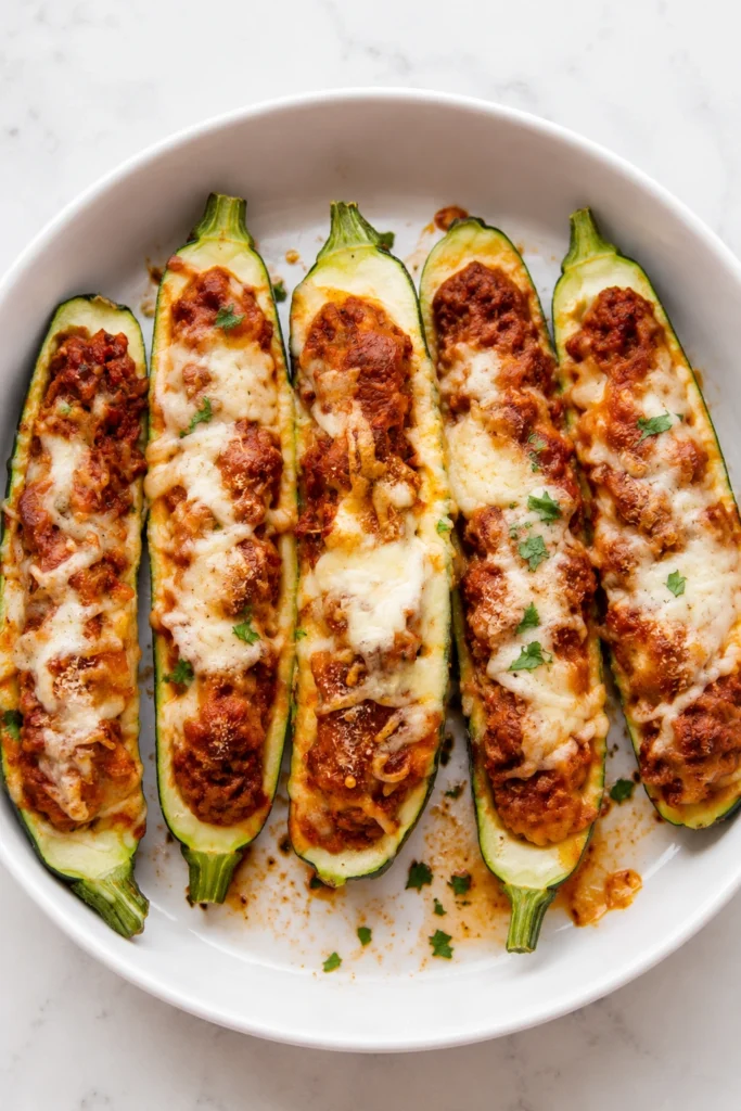 Loaded Bacon Cheeseburger Zucchini Boats served in a white round baking dish, topped with melted cheese, seasoned beef, and crispy bacon for a healthy low-carb dinner.