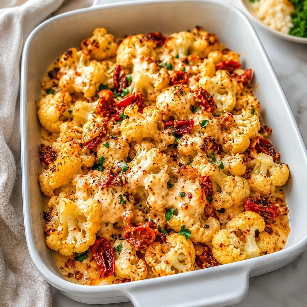 Marry Me Roasted Cauliflower baked in a white casserole dish with a creamy garlic parmesan sauce, caramelized cauliflower florets, sun-dried tomatoes, and fresh parsley.
