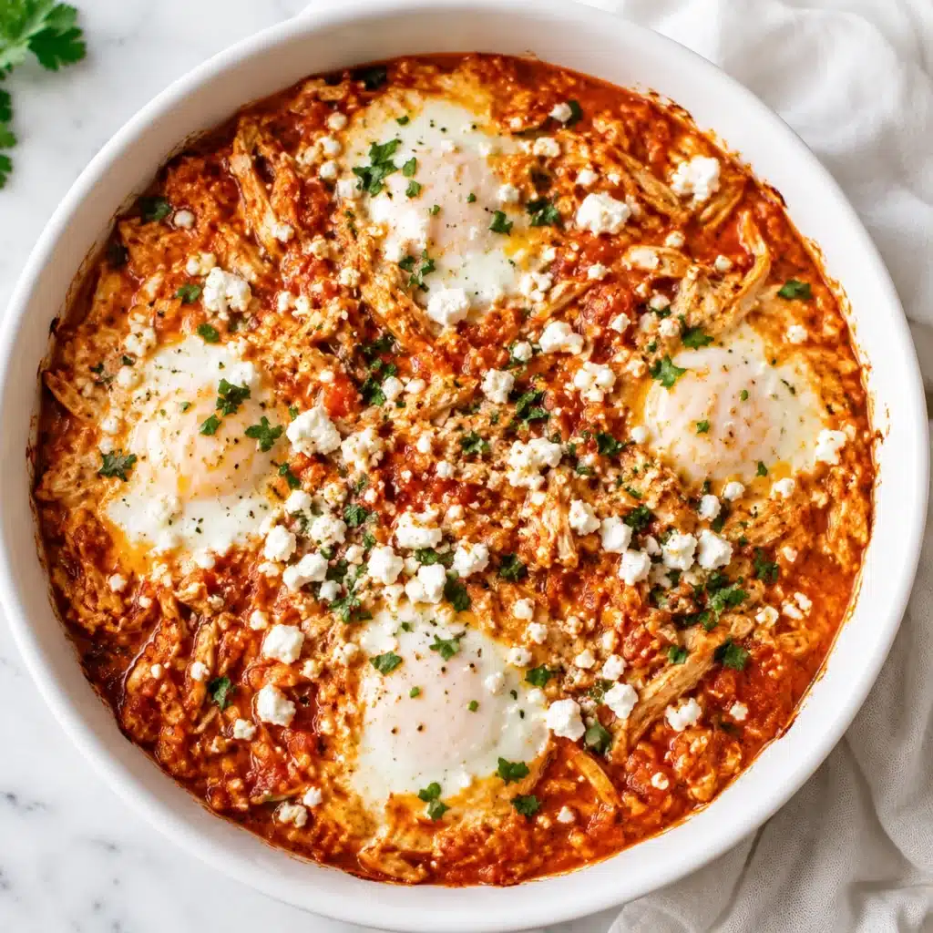 Mediterranean Egg Bake served in a white round baking dish with baked eggs, feta cheese, shredded chicken, tomato sauce, and fresh parsley for a high-protein breakfast.