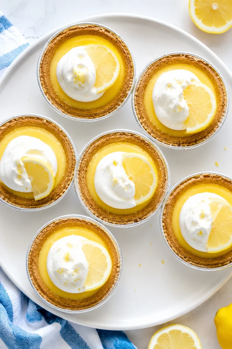 No Bake Lemon Tart with a buttery graham cracker crust, creamy lemon filling, whipped cream, and fresh lemon slices served on a white round platter.