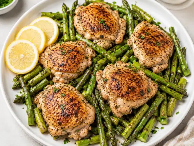 One-Pan Lemon Garlic Chicken and Vegetables served on a white round plate with juicy roasted chicken thighs, asparagus, and fresh lemon slices for a healthy family dinner.