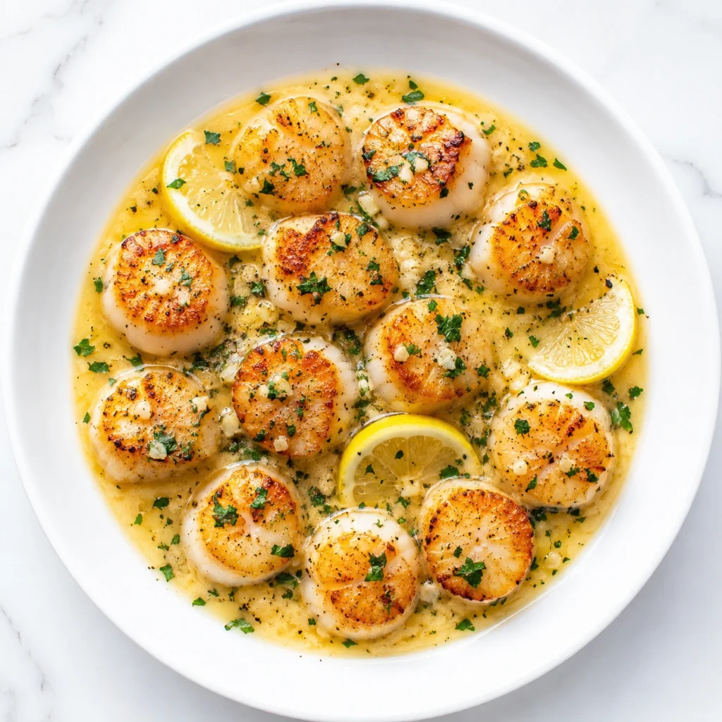 Pan Seared Scallops with Lemon Garlic Sauce served in a white round bowl, featuring golden seared scallops in a buttery lemon garlic sauce garnished with fresh parsley and lemon slices.