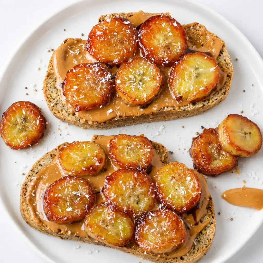 Peanut Butter Banana Protein Toast Recipe made with whole grain toast, creamy peanut butter, caramelized banana slices, and a light honey drizzle served on a white round plate.