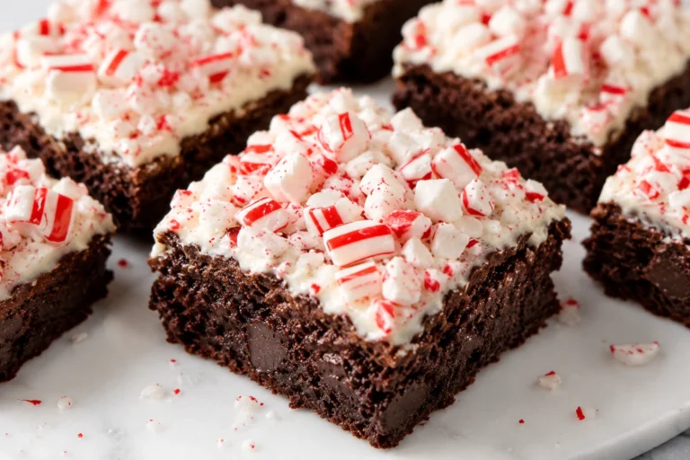 Peppermint Bark Brownies Recipe topped with creamy white chocolate, crushed peppermint candies, and rich fudgy chocolate brownies.