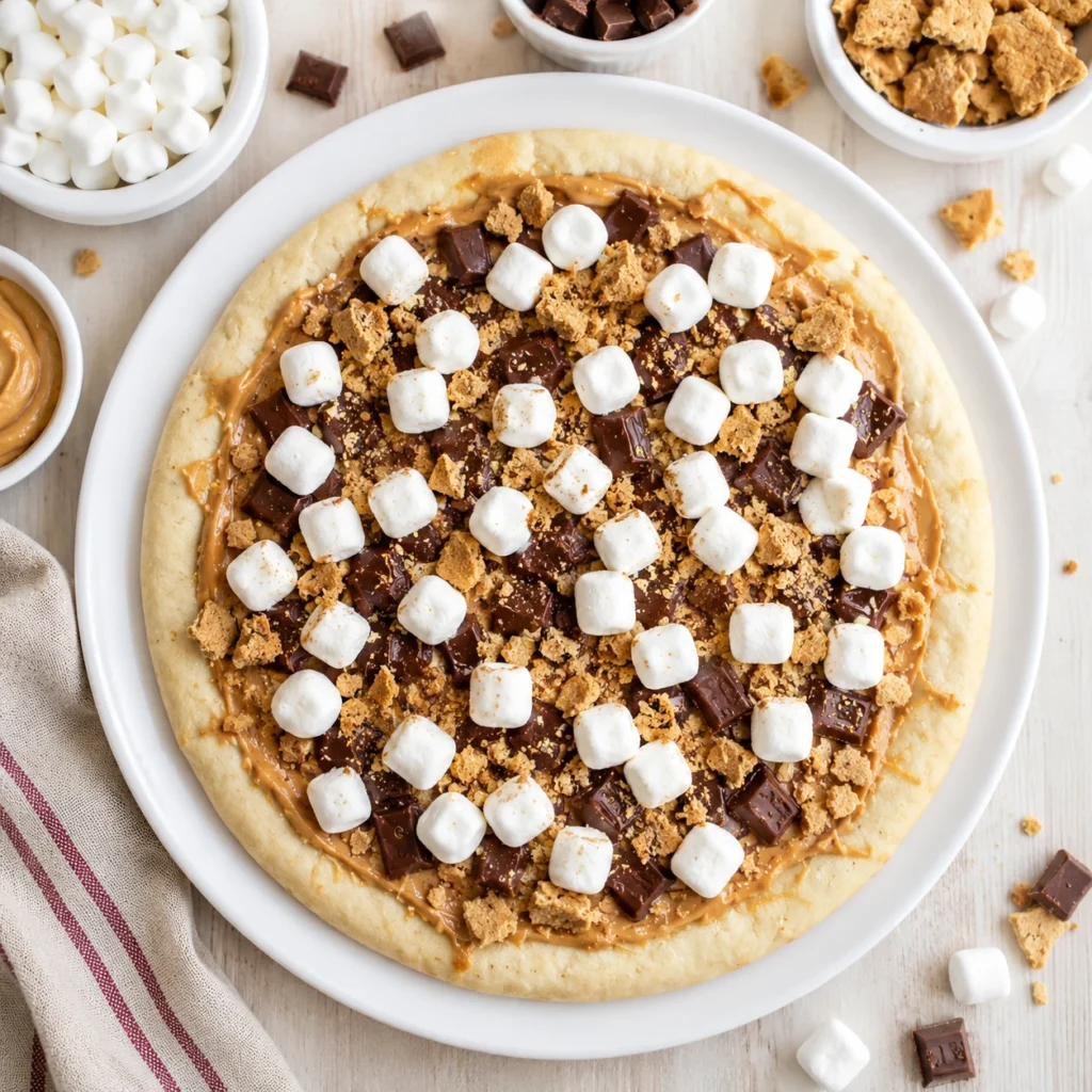 S'Mores Pizza served on a white round plate with melted chocolate, mini marshmallows, graham cracker crumbs, and a golden homemade pizza crust.