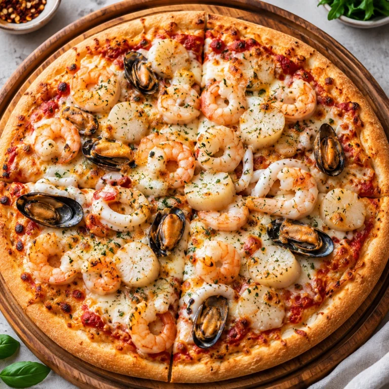 Seafood Deluxe Pizza topped with shrimp, scallops, mussels, squid, melted mozzarella, and herbs on a crispy golden crust served on a rustic wooden pizza board.