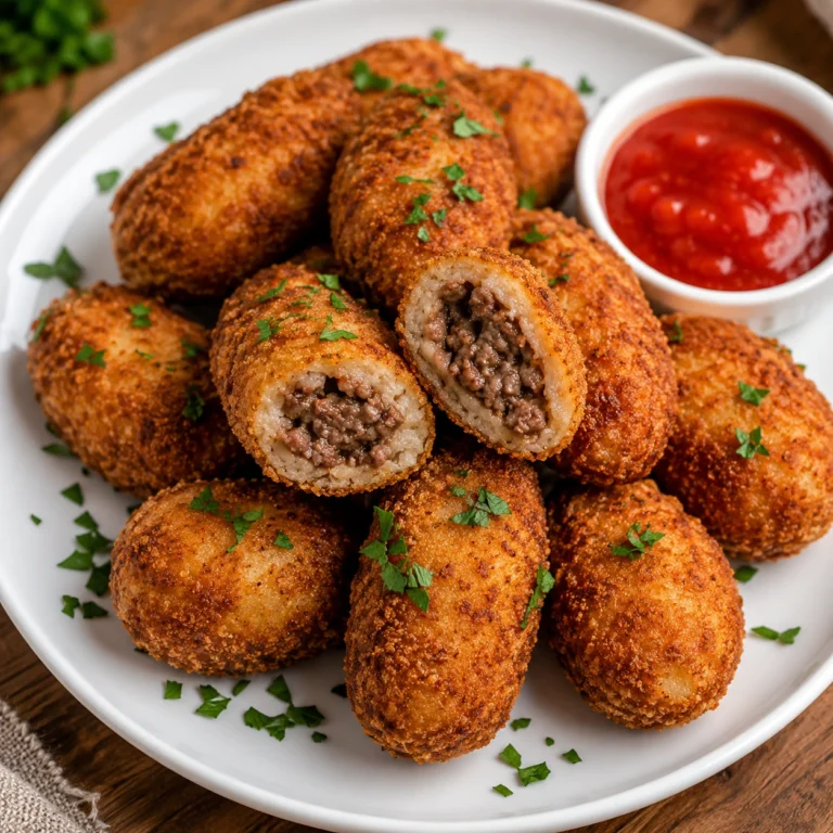 Spicy Garlic Beef Croquettes served on a white round plate with crispy golden coating, juicy seasoned beef filling, fresh parsley, and a side of dipping sauce.
