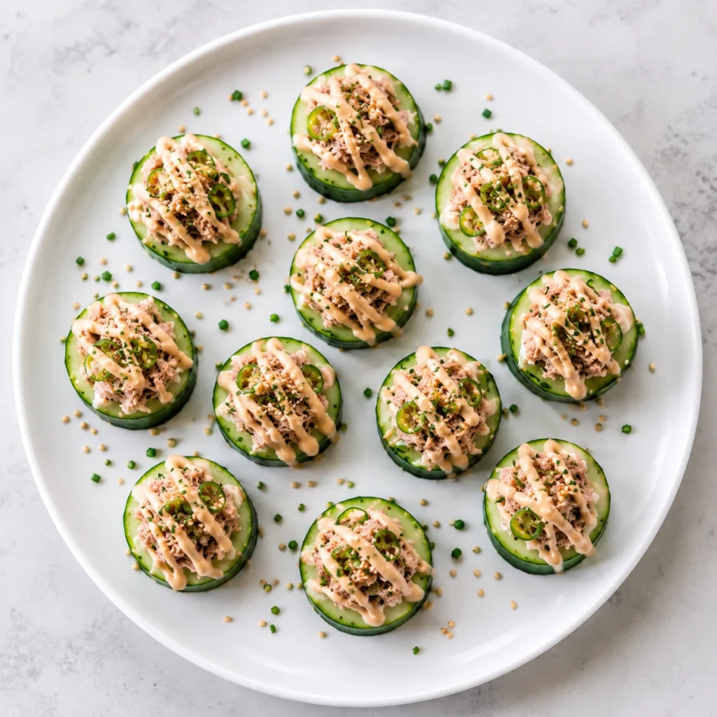 Spicy Tuna Cucumber Bites served on a white round plate, topped with creamy spicy tuna, jalapeño slices, sesame seeds, and a spicy mayo drizzle for a healthy low-carb appetizer.
