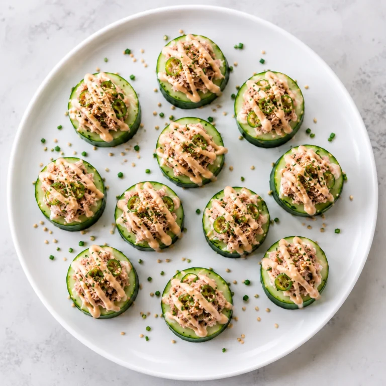 Spicy Tuna Cucumber Bites served on a white round plate, topped with creamy spicy tuna, jalapeño slices, sesame seeds, and a spicy mayo drizzle for a healthy low-carb appetizer.