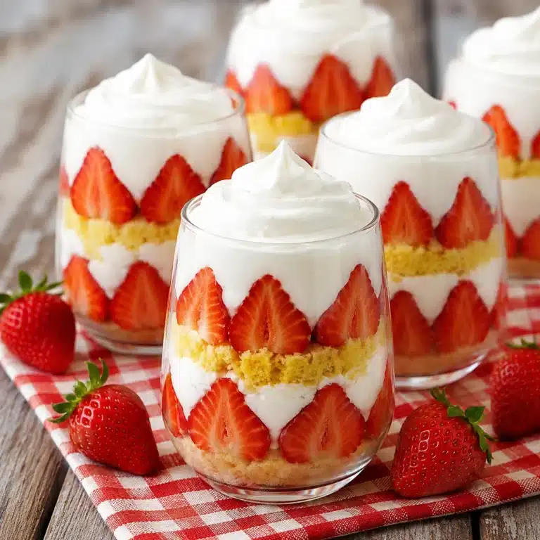 Strawberry Shortcake Protein Parfaits layered with fresh strawberries, creamy high-protein filling, and soft cake in elegant glass dessert cups.