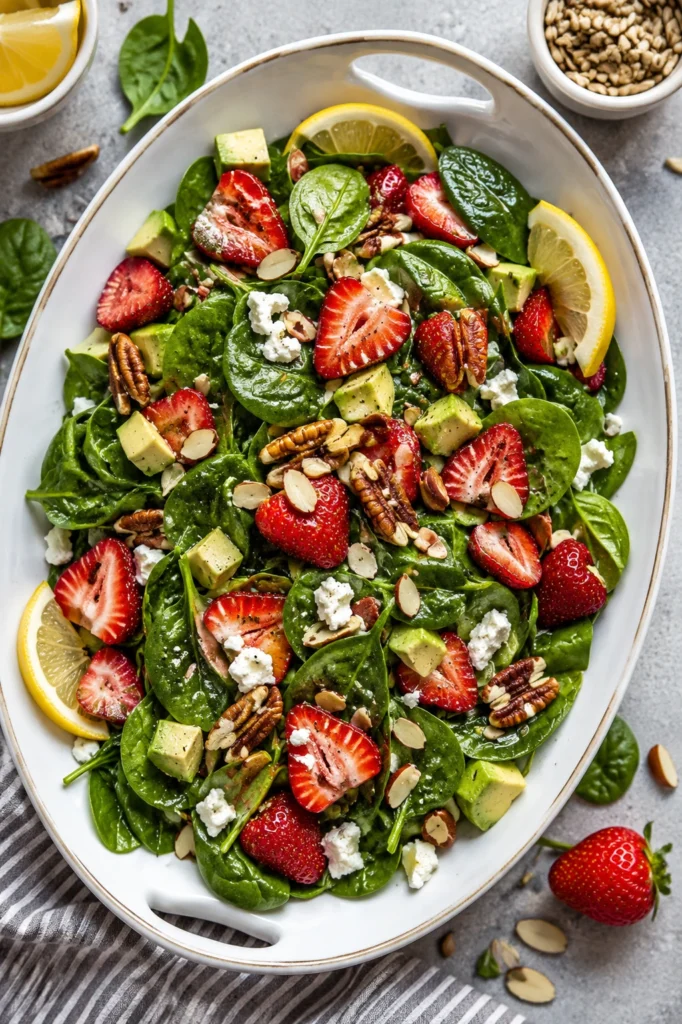 Strawberry Spinach Keto Salad served in a white oval dish with fresh spinach, sliced strawberries, avocado, pecans, almonds, feta cheese, and lemon wedges for a healthy low-carb meal.