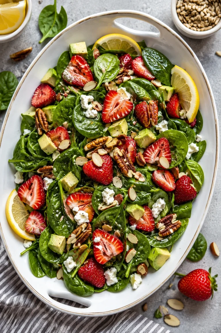 Strawberry Spinach Keto Salad served in a white oval dish with fresh spinach, sliced strawberries, avocado, pecans, almonds, feta cheese, and lemon wedges for a healthy low-carb meal.