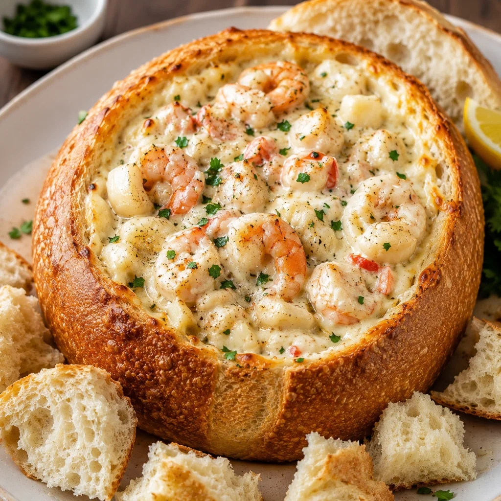 Stuffed Seafood Bread Bowl Recipe served in a crusty sourdough bread bowl filled with creamy shrimp, scallops, and melted cheese, garnished with fresh parsley.
