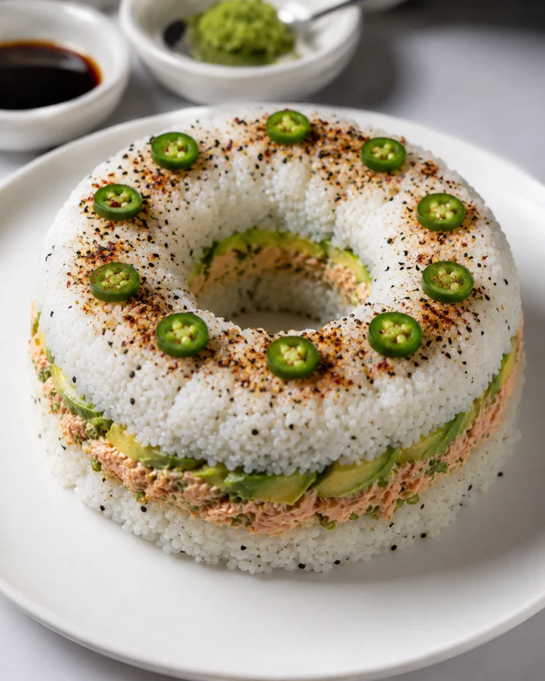 Sushi Bundt Cake for Parties made with real sushi rice, creamy salmon filling, fresh avocado slices, sesame seasoning, and jalapeño garnish served on a white plate.