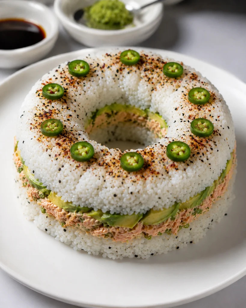 Sushi Bundt Cake for Parties made with real sushi rice, creamy salmon filling, fresh avocado slices, sesame seasoning, and jalapeño garnish served on a white plate.