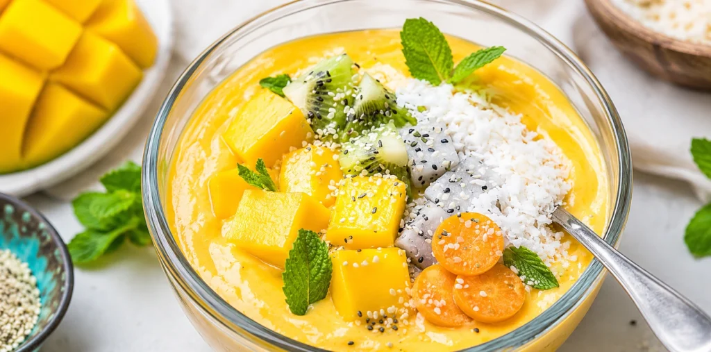 Tropical Mango Smoothie Bowl served in a clear glass bowl, topped with fresh mango chunks, kiwi, dragon fruit, coconut flakes, sesame seeds, and mint leaves on a bright countertop.