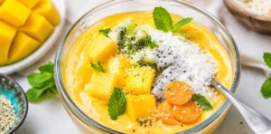 Tropical Mango Smoothie Bowl served in a clear glass bowl, topped with fresh mango chunks, kiwi, dragon fruit, coconut flakes, sesame seeds, and mint leaves on a bright countertop.