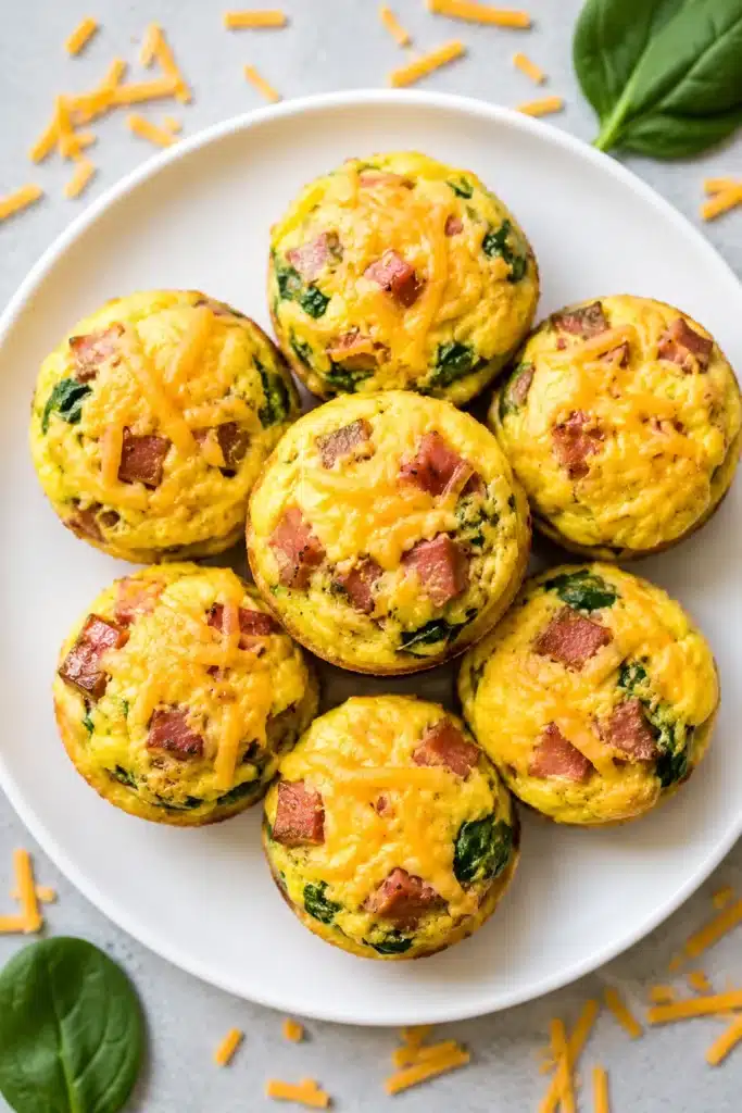 Golden Turkey Sausage Egg Bites with melted cheddar cheese and spinach served on a white round plate, perfect for a high-protein make-ahead breakfast.