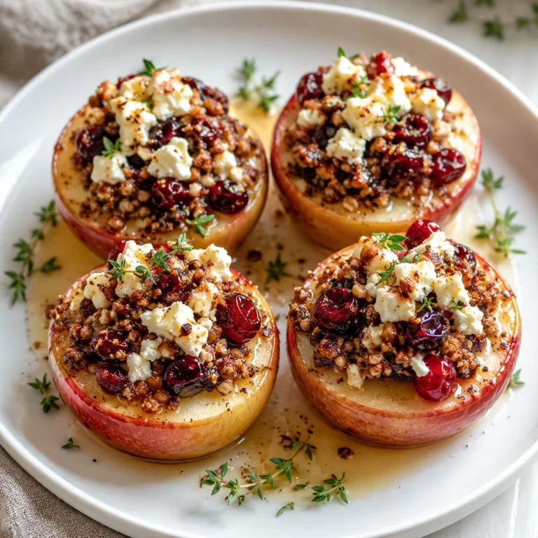 Warm Baked Apples Filled With Feta served on a white round plate, topped with cranberries, crunchy nut crumble, fresh herbs, and creamy feta cheese.