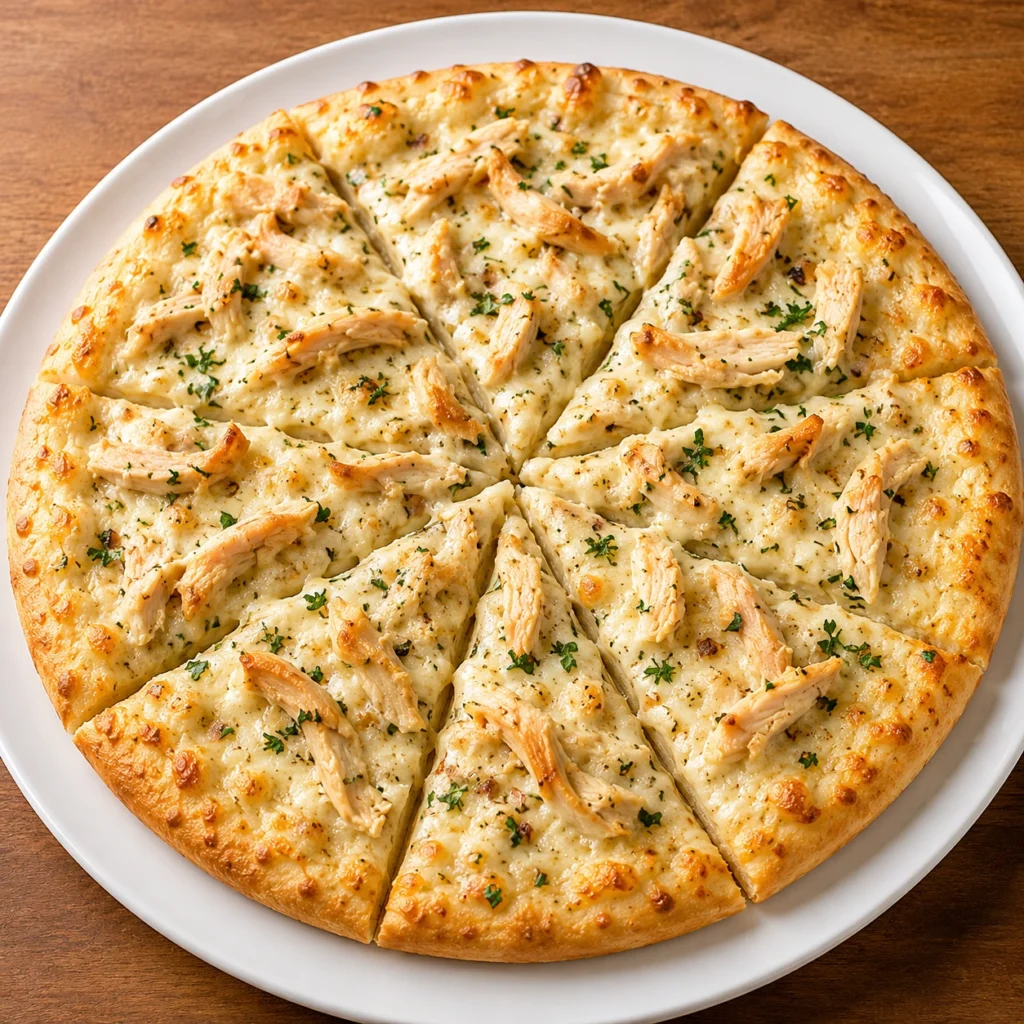 White Garlic Chicken Pizza Recipe topped with tender chicken, creamy garlic sauce, melted mozzarella, and herbs on a golden crispy crust served on a white round plate.