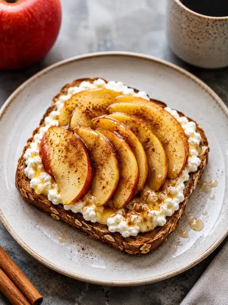 The best Cottage Cheese Apple Cinnamon Toast recipe served on a white ceramic plate with creamy cottage cheese, fresh apple slices, cinnamon, and a drizzle of honey for a healthy high-protein breakfast.