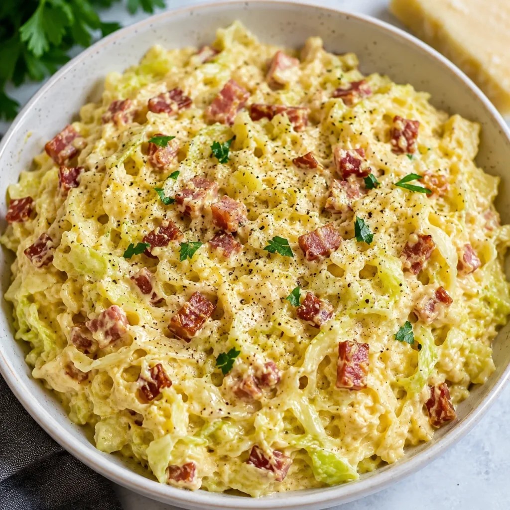 Creamy Keto Low Carb Cabbage Carbonara served in a white bowl with crispy bacon, parmesan cheese, and tender cabbage ribbons, topped with black pepper and fresh parsley.
