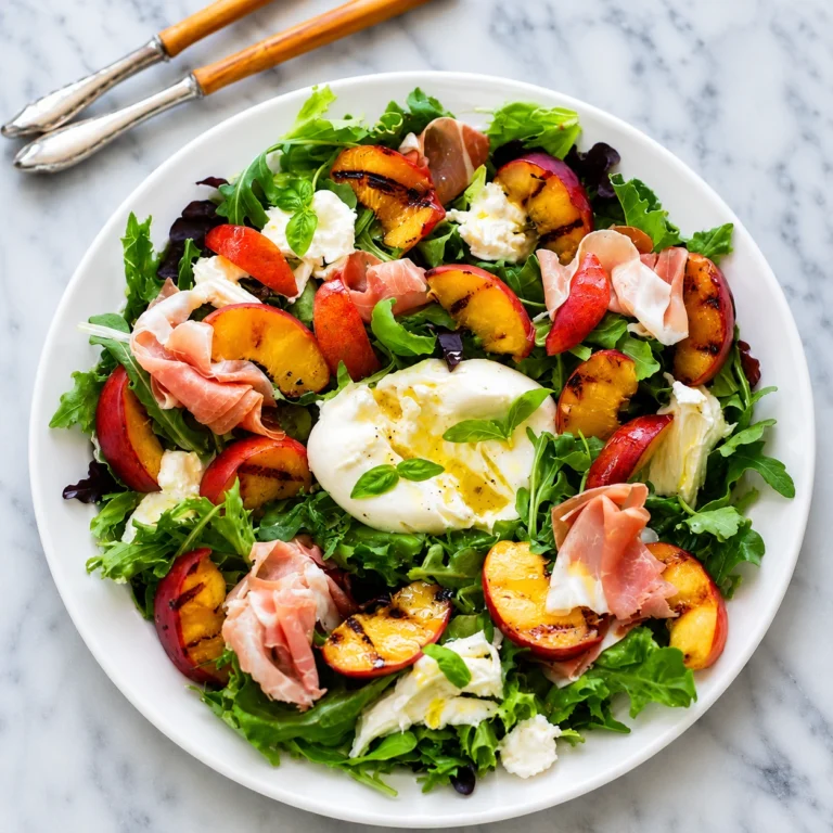 Peach burrata salad recipe served on a white round plate with grilled peaches, creamy burrata, prosciutto, fresh greens, and basil.