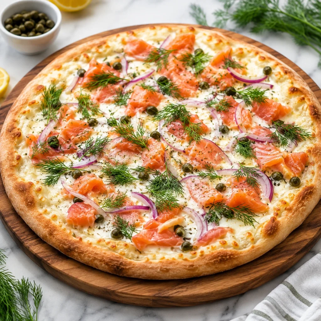 Smoked salmon pizza topped with creamy mozzarella, red onions, capers, and fresh dill on a crispy golden crust served on a rustic wooden board.