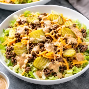 Keto Big Mac Salad served in a white round bowl with seasoned ground beef, crisp iceberg lettuce, shredded cheddar cheese, pickle slices, and creamy Big Mac-style dressing, perfect for a low-carb high-protein meal.