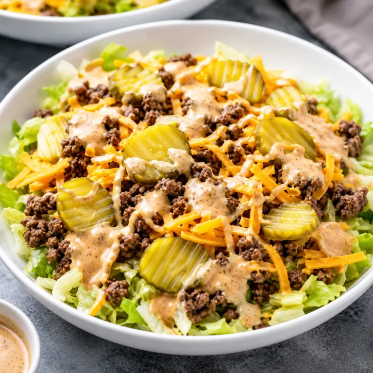 Keto Big Mac Salad served in a white round bowl with seasoned ground beef, crisp iceberg lettuce, shredded cheddar cheese, pickle slices, and creamy Big Mac-style dressing, perfect for a low-carb high-protein meal.