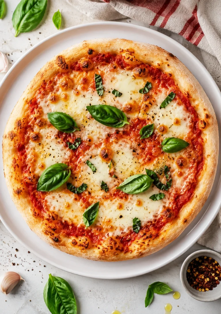 Margherita Pizza Recipe with fresh mozzarella, rich tomato sauce, basil leaves, and a crispy golden crust served on a white round plate.