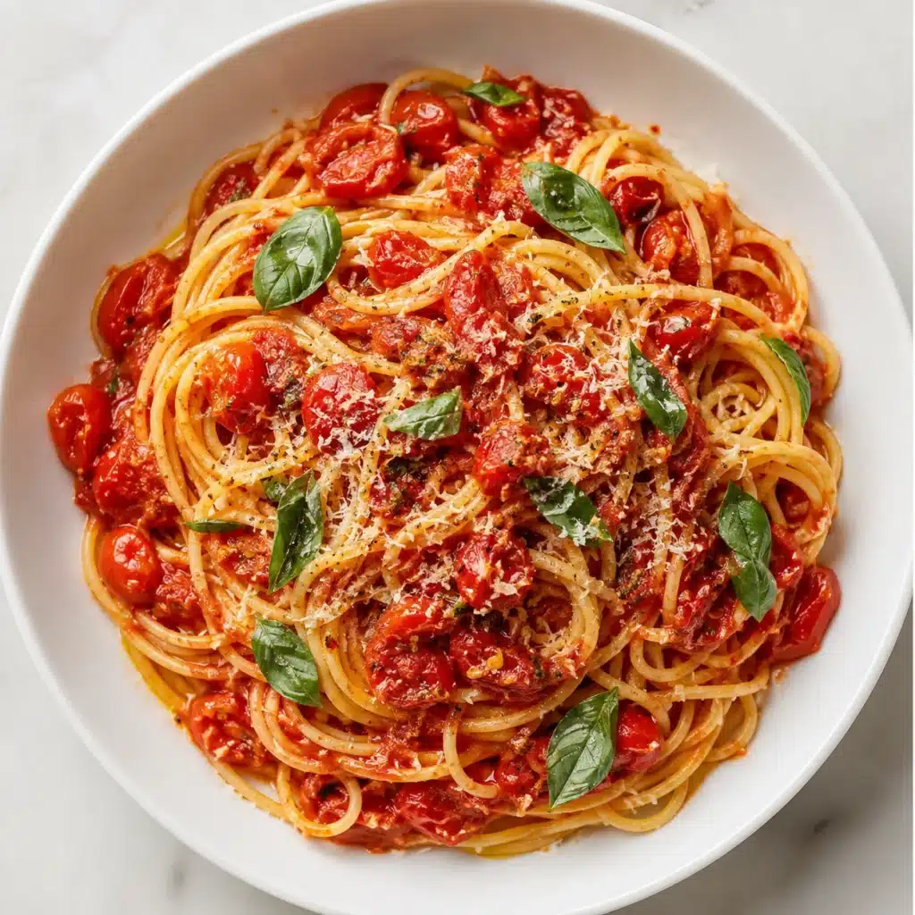Melting Tomato Spaghetti with juicy tomatoes, fresh basil, and Parmesan served in a white bowl